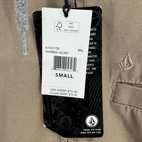 Volcom Warren Full Zip Hooded Jacket Mens Small Brown Gray NEW - Picture 8 of 14